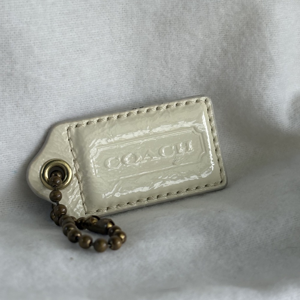 COACH 2.25" Hang Tag Fob Bag Charm Ivory White Leather, Brass Ball Chain